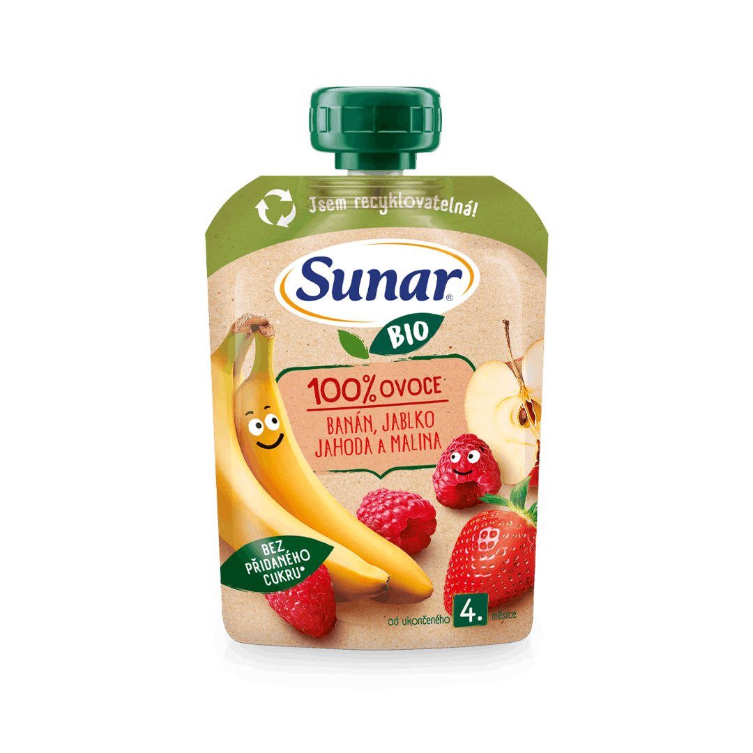 100% ovoce banán, jablko, jahoda a malina
